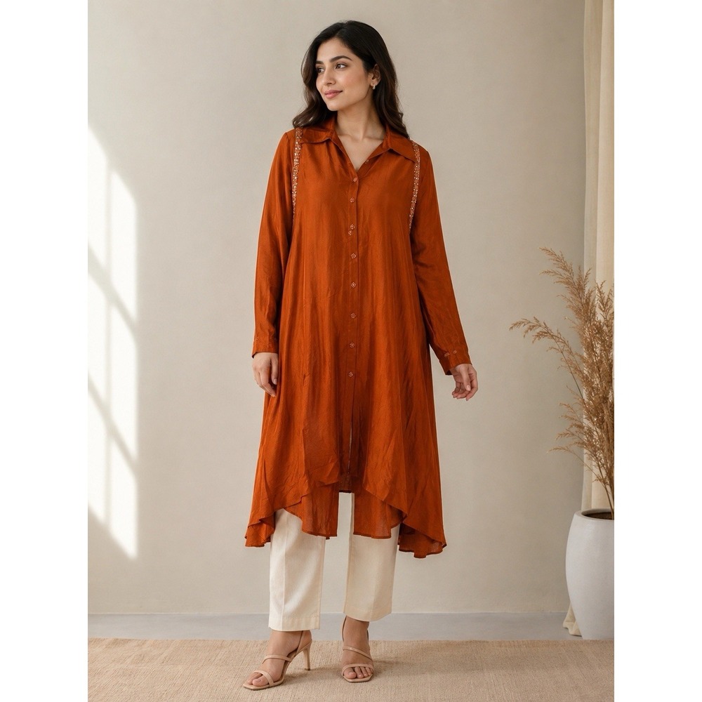 Women's Rust Orange Long Kurta Tunic Dress Size L Embellished Button Front A15